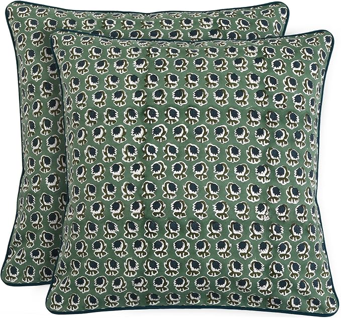 Ridhi Block Print Basil Green Pillow Cover 18" x 18" (Pack of 2) Decorative Couch Pillows for Living Room, Chic Boho Cute Outdoor Pillows Covers Gifts for Spring, Easter and Valentine
