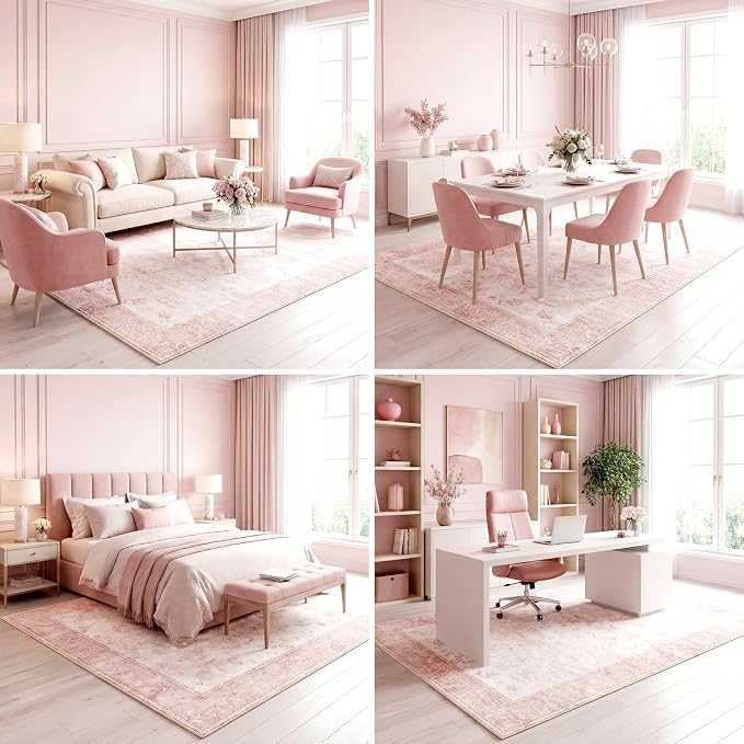 Washable Area Rug, 0.3" Low Pile Soft Nursery Rug for Baby, Cotton-Backed Non-Slip Silicone Grip, Water Stain Resistant Faux Wool Carpet for Girls Bedroom, 6'x9', Blush Pink/White