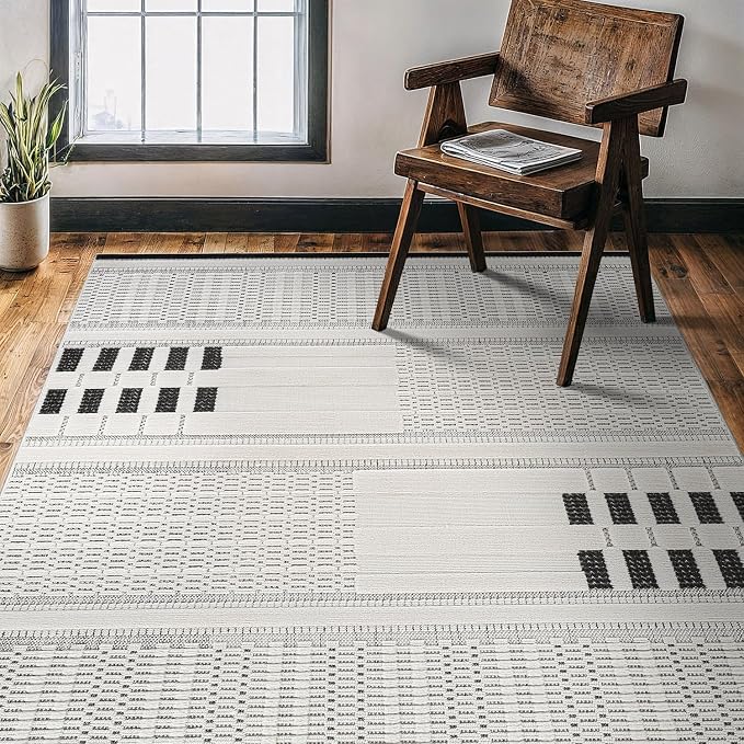 CAMILSON Modern Rug 6x9 Luxury Geometric Pattern Micro Loop Area Rugs Soft High and Low Pile Stain Resistant Easy to Clean Non-Shedding Durable Living Room Office Indoor Carpet (White/Black)