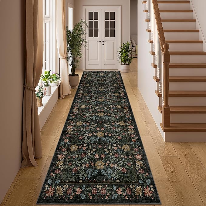 DUKINO 3x10 Runner Rug, Washable Vintage Floral Kitchen Rug Non Slip, Black | Low Pile, Non-Shedding, Stain Resistant, Boho Soft Carpet Runner for Hallway, Bathroom, Beside, Laundry, Bedroom, Entryway