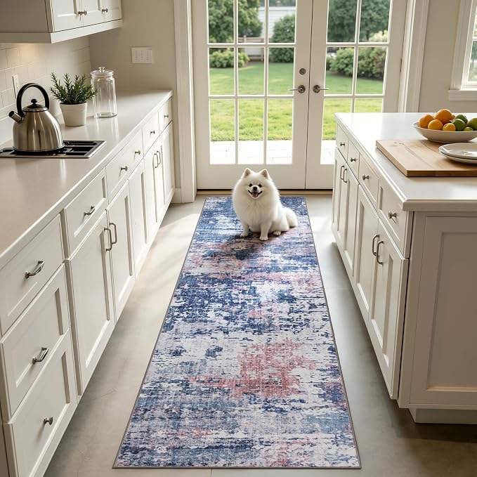 Sasttie 2x10 Soft Runner Rug for Entryway, Modern Abstract Washable Carpet for Hallway, Kitchen and Laundry Room, with Non-Slip Backing, Pink and Blue