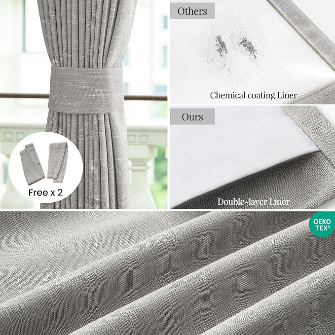 Topfinel Grey Beige Back Tab 95 Inch Blackout Curtains for Bedroom, Rustic Linen Blend Viral Blackout Window Drapes with White Liner Cottagecore Living Room Home Office Curtain 52" W*95" L