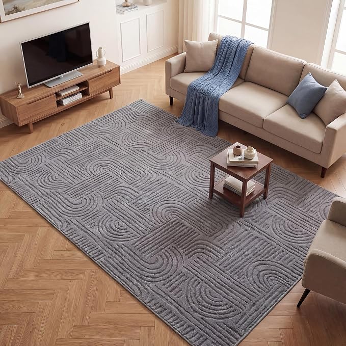 Carvapet 6x9 Area Rug - Grey Modern Geometric Maze 3D High Low Pile Texture Floor Carpet, Luxurious Washable Soft Plush Rug with Skid-Resistant Backing for Living Room Dining Room