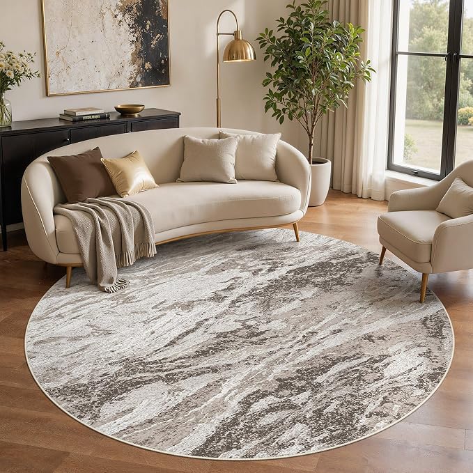 Area Rugs for Living Room: 6ft Round Abstract Washable Rug Modern Neutral Large Soft Stain Resistant Non-Slip for Bedroom Dining Room Indoor Home Office Carpet - Brown