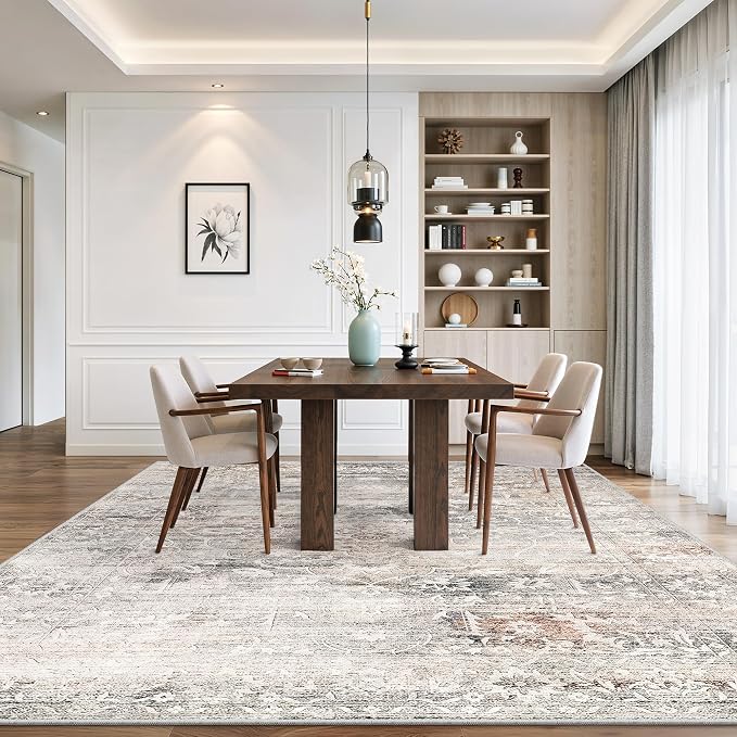 Soalmost 8x10 Area Rugs for Living Room, Washable Bedroom Soft Rug Taupe | Vintage Floral Stain Resistant Non-Slip Low Pile Throw Large Carpet for Dining Room Kitchen Home Office Nursery 8'x10'