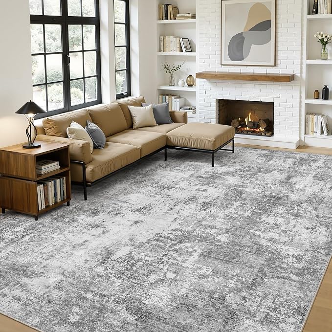 10x14 Area Rugs for Living Room, 10x14 Rug Washable High-Low Pile | Neutral Modern Abstract Carpet, Non Slip Lightweight Soft Made for Dining Room, Home Office Indoor Decor - Gray