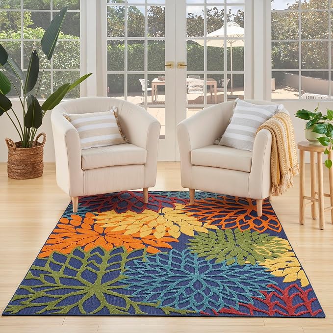 Nourison Home Aloha Navy Multicolor 6' x 9' Area Rug - Easy Clean, Non Shedding, Bed Room, Living Room, Dining Room, Kitchen (6' x 9')