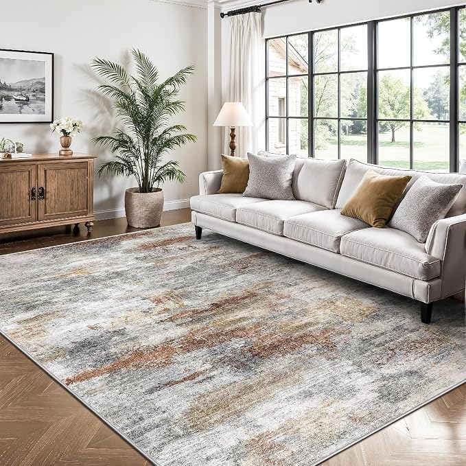 5x7 Area Rugs, Abstract Morden Soft Washable Rug, Non-Slip Low Pile Rugs for Living Room, Bedroom, Dining Room, Home, Office(Grey & Brown)