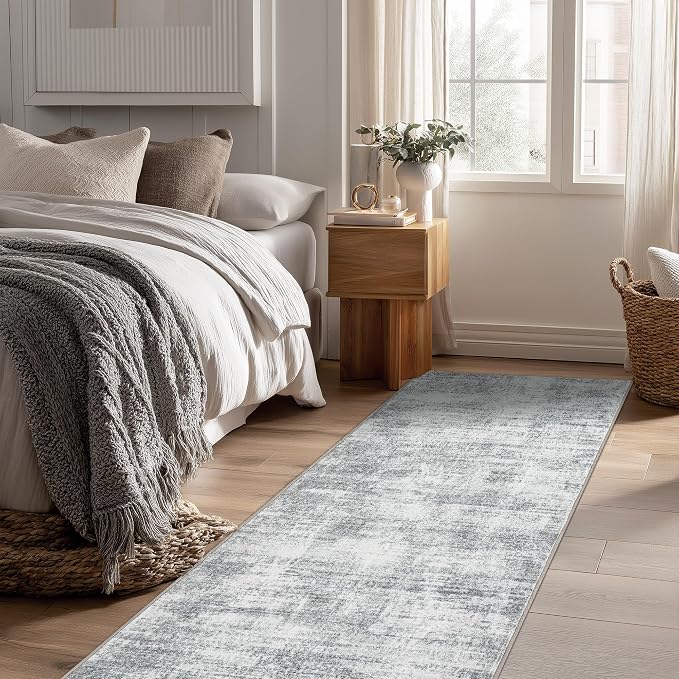 3x8 Runner Rug for Hallway Soft Low Pile Non Slip Washable Area Rugs Grey | Modern Abstract Neutral, Floor Covering Light Gray Carpet, for Kitchen Laundry Room Bedroom, Foldable Rubber Backing, 3 x 8