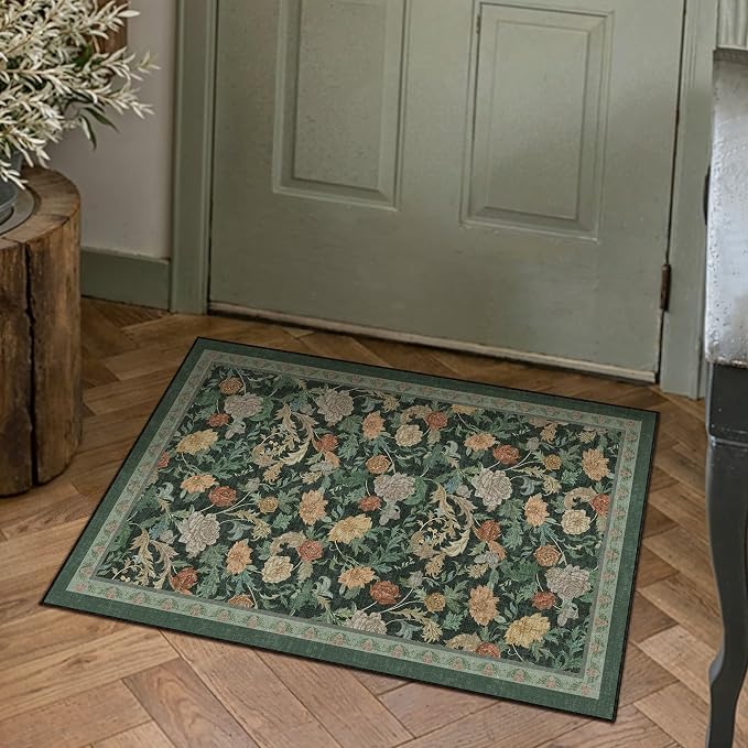 HUGEAR Retro 2x3 Area Rugs Washable Small Entryway Rugs Door Mat Vintage Floral Throw Carpet Dark Green Stain Resistant Non Slip Low Pile for Home Aesthetic Modern Decor
