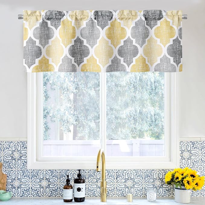 Beauoop Moroccan Valance Curtains Kitchen Cafe Yellow Grey 52x18 1 Panel | Geometric Blackout Short Curtains for Living Room Bedroom 18 Inch Length Thermal Quatrefoil Small Window Curtains Rod Pocket