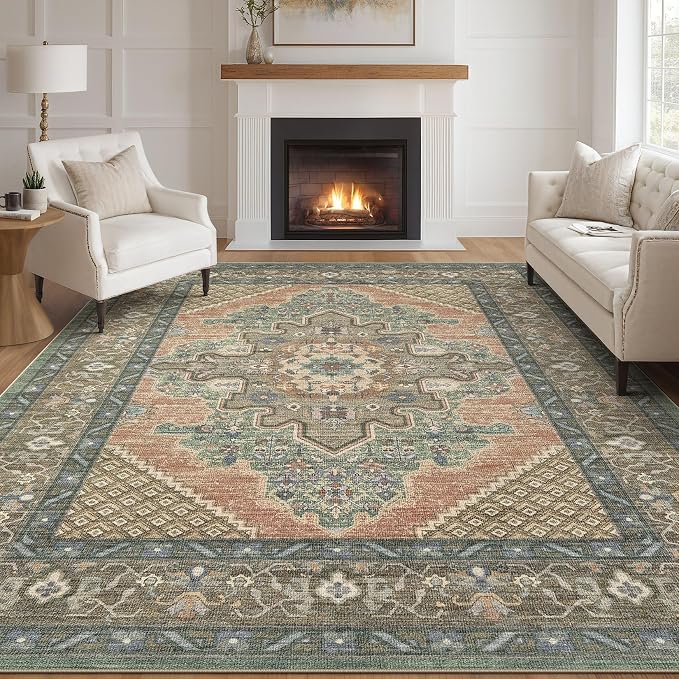 Tortania Area Rug Living Room Rugs - 12x15 Washable Boho Rug Vintage Oriental Distressed Farmhouse Large Thin Indoor Carpet for Living Room Bedroom Under Dining Table Home Office - Sage Terracotta