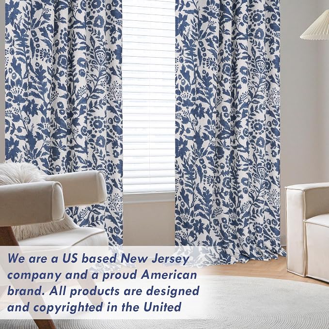 DriftAway Julia 100% Blackout Curtains Back Tab 2 Panels, W52xL84, Navy | Floral Curtains, Bedroom, Living Room, Linen Blend, Watercolor Pattern, 2 Layers, Thermal Insulated, Window Treatment