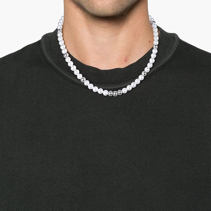 GAVU Men's Pearl Necklace, Pearl Jewelry Crystal Beaded Necklace for Men 20"/22"/24"/26"
