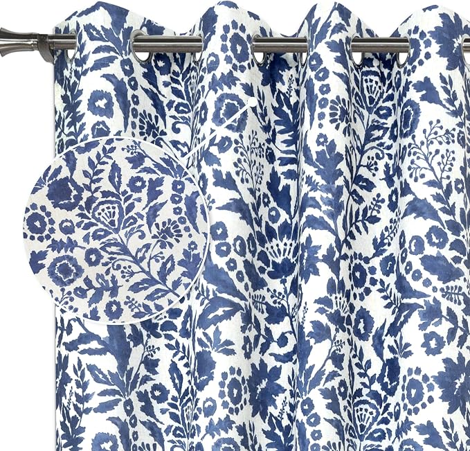 DriftAway Julia 100% Blackout Curtains Grommet 2 Panels, W52xL96, Navy | Floral Curtains, Bedroom, Living Room, Linen Blend, Watercolor Pattern, 2 Layers, Thermal Insulated, Window Treatment