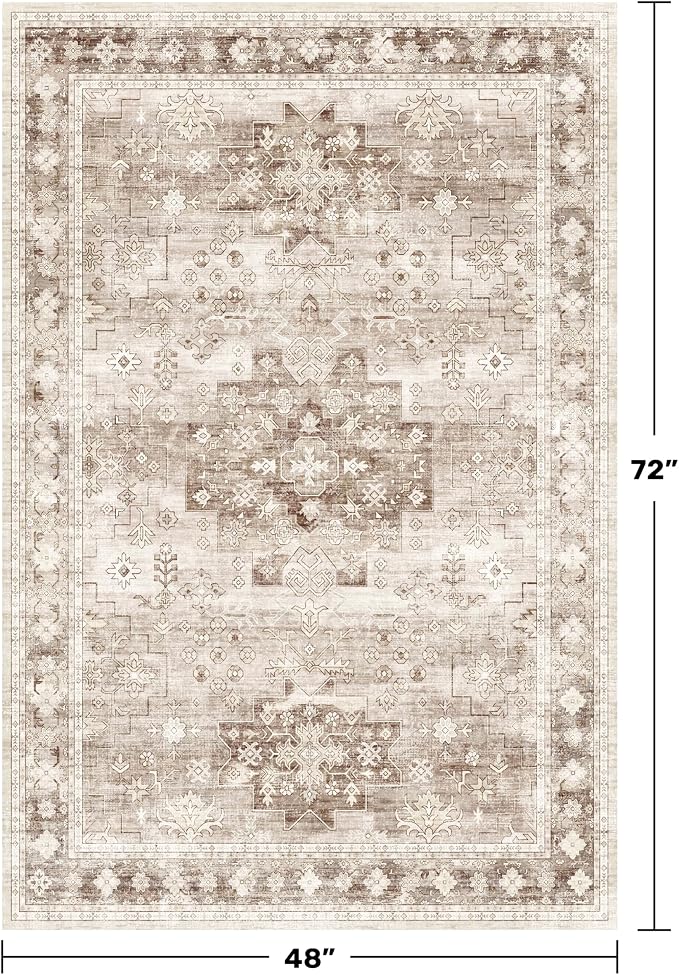 Hazo Haus Washable Neutral Farmhouse Living Room Rug, 4x6 Area Rugs for Bedroom, Nursery Room, Boho Vintage Floral Non-Slip Rug Low Pile Stain Resistant (4x6 Beige/Latte)