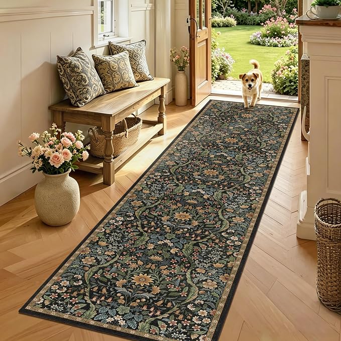 2x8 Washable Runner Rug,Black Brown Floral Boho Area Rug for Hallway,Low-Pile Non-Slip Stain Resistant Carpet for Kitchen, Bedside,Laundry Room,Entryway