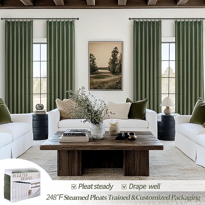 Custom Olive Green Pinch Pleated Drapes Linen Blend Light Filtering Curtains 86 Inches Long for Dining Room 2 Panels Set, Dark Academia Loden Memory Trained Sheer Curtain 84-86 Inch Length for Office