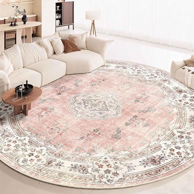 MUJOO Pink Round Rug 9ft,Circle Washable Area Rug Non Slip Low-Pile Floral | Large Circular Rugs for Living Room Bedroom Dining Room Boho Throw Carpet Soft Floor Indoor Flowers Light Blush