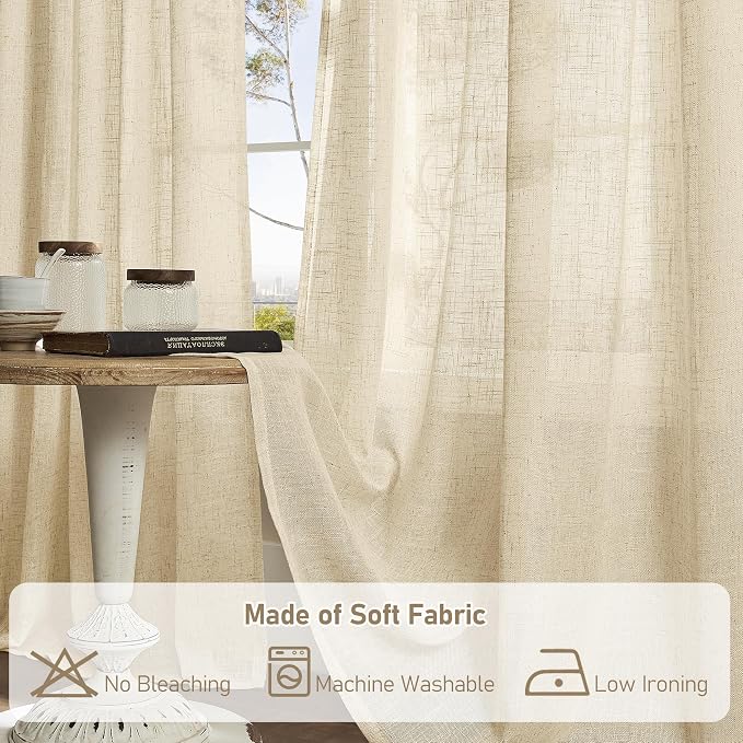 LAMIT 96 inch Linen Curtains for Bedroom, Light Filtering Semi Sheer Panels Back Tab and Rod Pocket Floor to Ceiling Curtains for Living Room, 2 Panels Set, Linen, 52 x 96 Inch