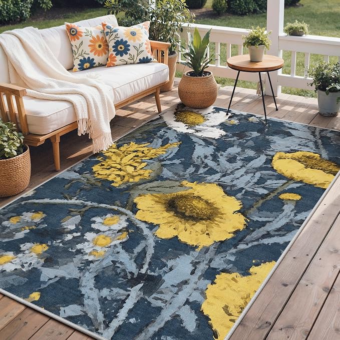 GENIMO 8x10 Outdoor Rug, Washable for Patio and Deck, Navy Yellow | Floral design for backyard; fade resistant chenille with quick-dry non-slip backing for indoor living rooms