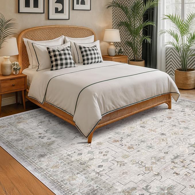 Boho Large Living Room Rug 8x12 - Washable Low Pile Area Rug for Dining Room, Neutral Light Gray & Sage Bedroom Carpet, Distressed Vintage Floral Design, Low Pile Stain Resistant