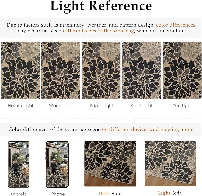PureCozy 5x7 Easy Jute Outdoor Rug Black Floral Textured Indoor Outdoor Area Rug Farmhouse Patio Carpet for Backyard, Patio, Porch, Easy-Cleaning, High Traffic, Pet-Friendly, Non-Shedding