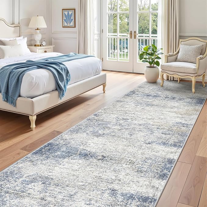 3x10 Runner Rug Non Slip,Washable Hallway Runner Rug,Blue | Long Neutral Rugs for Kitchen,Entryway,Bedroom,Bathroom,Laundry Room,Thin,Soft Runner Rug,Stain Resistant Indoor Carpet
