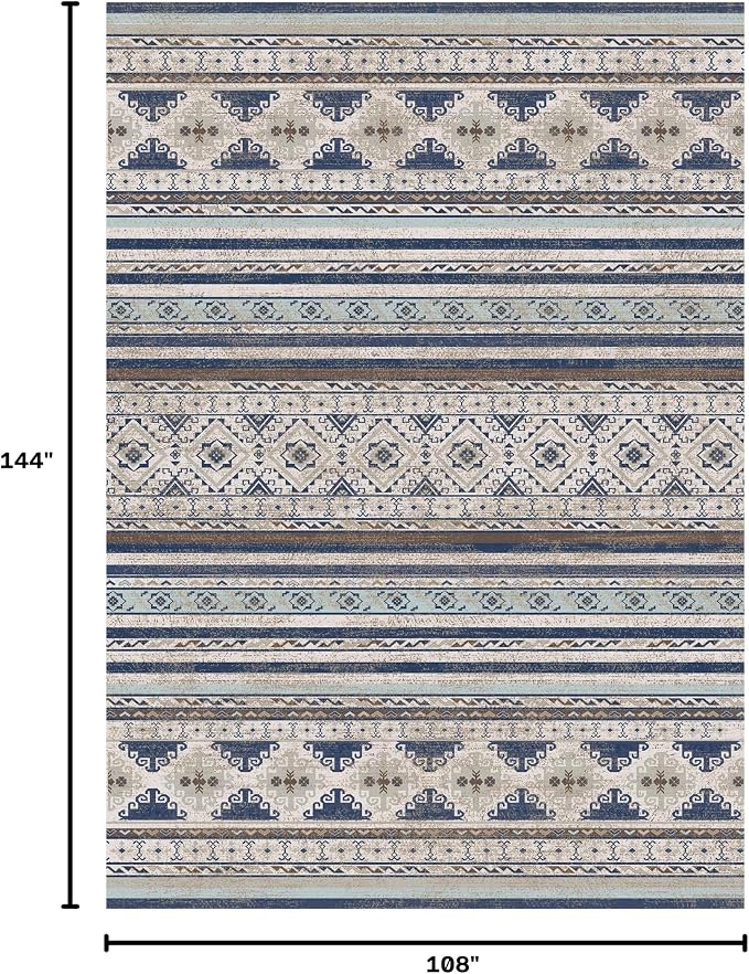 RUGSURE Washable Area Rugs 9' x 12' - 1/6 Thick - Moroccan-Inspired -Stain & Water Resistant Non-Slip - Resistant Rug for Living Room, Bedroom, Nursery, Pet & Child Friendly (Blue and Brown)