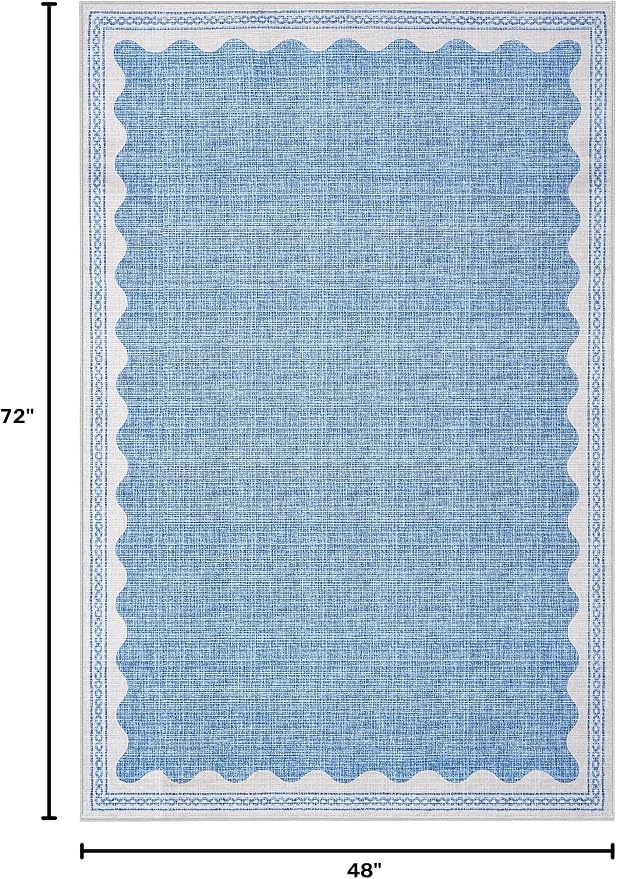GarveeHome 4 x 6 Rug Non-Slip Washable Low-Pile Carpet - Scalloped Solid Blue Modern Minimalism Rugs for Bedroom Living Room Nursery Kitchen Entryway Indoor Mat with Rubber Back