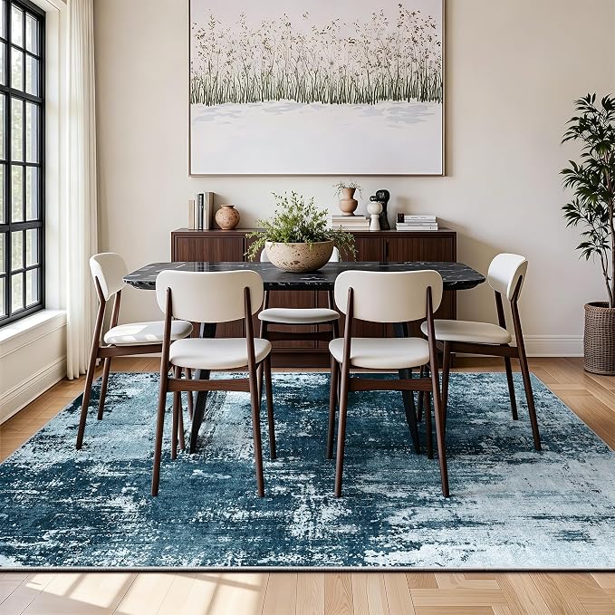 5x7 Rugs for Living Room - Modern Abstract Washable Rug, Ultra Soft Non Slip Low Pile Large Rugs, Floor Carpet for Bedroom Dining Room Office Laundry Nursery Home（Ocean Blue）