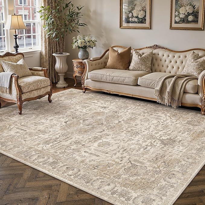 HUGEAR 6x9 Area Rug Beige Machine Washable Rug Room Decor Vintage Distressed Living Room Carpet Non Slip Low Pile Throw Rugs for Bedroom Dining Room Office Soft Lightweight