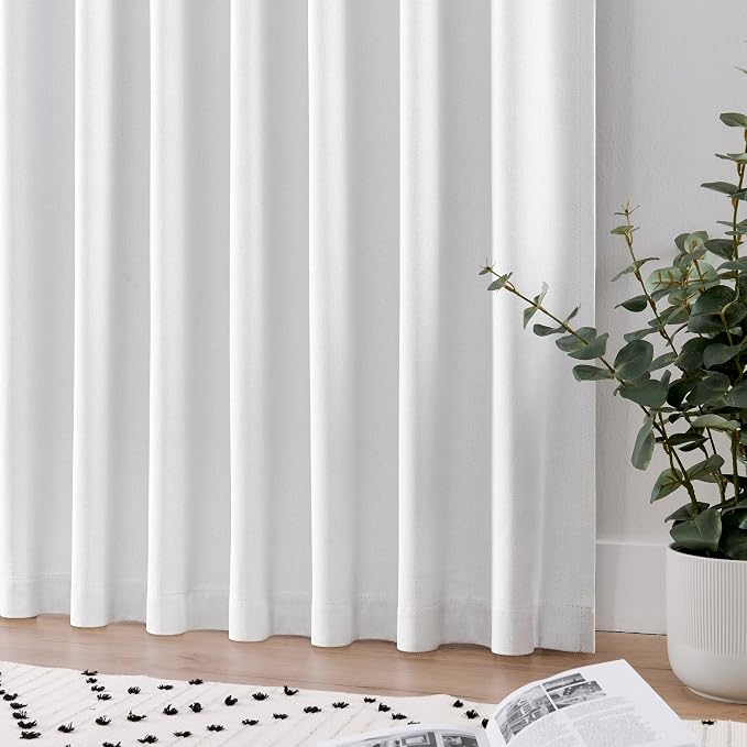Joydeco Faux Linen Blackout Curtains for Bedroom,White Blackout Curtains 72 inches Long,100% Blackout Solid Thermal Insulated Window Drapes Luxury Decor for Living Room（W52xL72 Inch,White）