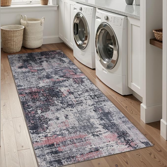 Sasttie 2x8 Soft Runner Rug for Entryway, Modern Abstract Washable Carpet for Hallway, Kitchen and Laundry Room, with Non-Slip Backing, Black and Pink