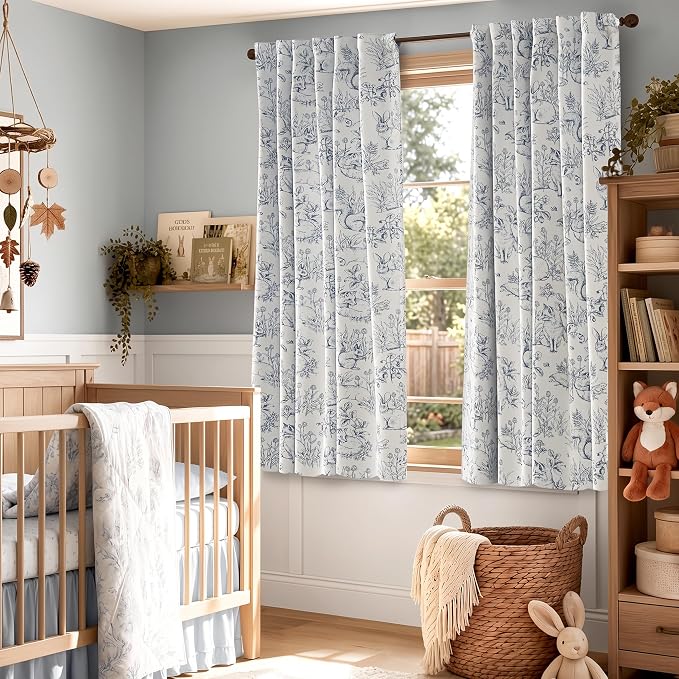 jinchan Blue Blackout Curtains 72 Inch Whimsical Back Tab 2 Panels | Room darkening,nursery kids bedroom,privacy,whimsical,cottagecore,bunny pattern,botanical,nature-inspired decor