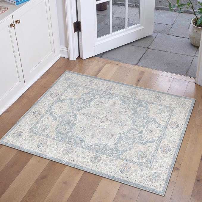 HUGEAR Blue 2x3 Washable Area Rug Vintage Indoor Carpet | Entryway Rug,Hallway,Kitchen,Bedroom,Laundry,Non Shedding,Non Slip,Low Pile,Soft