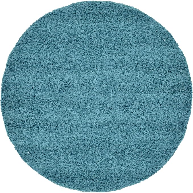 Unique Loom Solid Shag Collection Area Rug (6' 1" Round, Deep Aqua Blue) | Modern solid area rug for dining room, entryway & bedroom. Stain-resistant, easy-care, kid & pet friendly