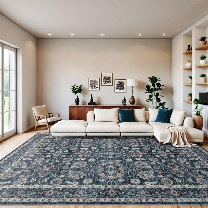 5x7 Vintage Washable Area Rug Blue | Living Room,Low Pile Non Slip Carpet Non-Shedding Soft Indoor Stain Resistant Rug Floral Print Mat for Bedroom Dining Room