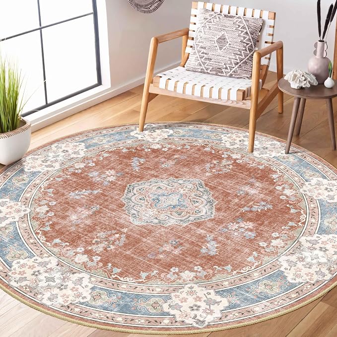 MUJOO Boho Round Rug 5ft,Circle Washable Area Rug Non Slip Low-Pile Floral | Circular Rugs for Bedroom Living Room Dining Room Bathroom Large Throw Carpet Soft Indoor Vintage Flowers Orange Navy Blue