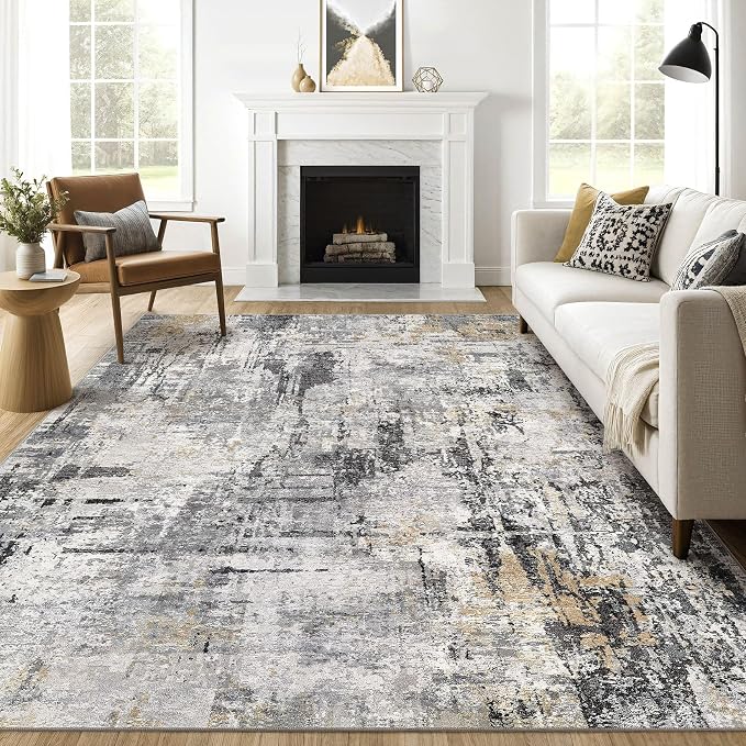 9x12 Area Rug Living Room: Washable Large Abstract Soft Stain Resistant Indoor Floor Rugs Non-Slip Accent Carpet for Bedroom Nursery Playroom Office Dining Room Home House- Gray Beige