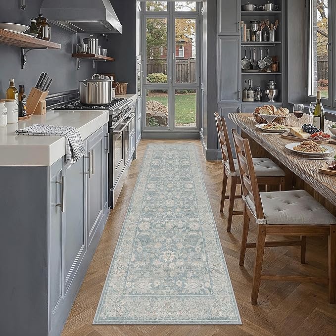 2x8 Blue Washable Runner Rug Non Slip Retro Distressed Carpet | Soft Low Pile, Lightweight Foldable, Pet Friendly, Hallway, Kitchen, Bathroom, Front Door, Beside Bed
