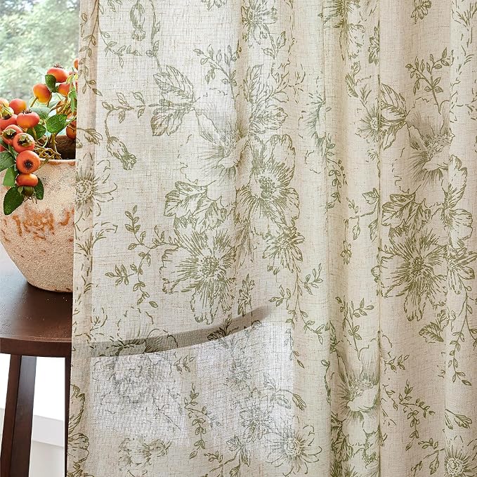 jinchan Green Floral Linen Curtains 45 Inch Vintage Back Tab 2 Panels | Light filtering drapes, semi sheer, farmhouse, cottagecore, rustic, living room, bedroom, rod pocket, window treatment