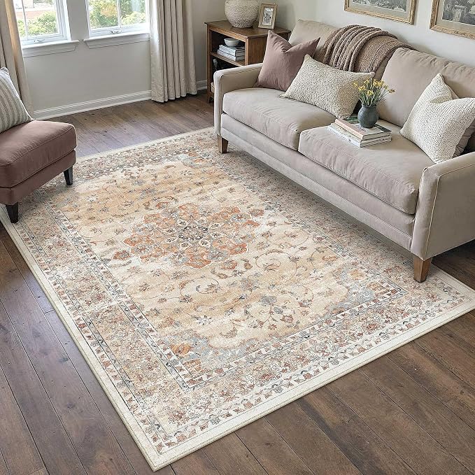 HUGEAR Area Rugs 3x5 Machine Washable Vintage Orange Living Room Rug Throw Carpet Non Slip Stain Resistant Low Pile for Office Home Retro Aesthetic Modern Decor
