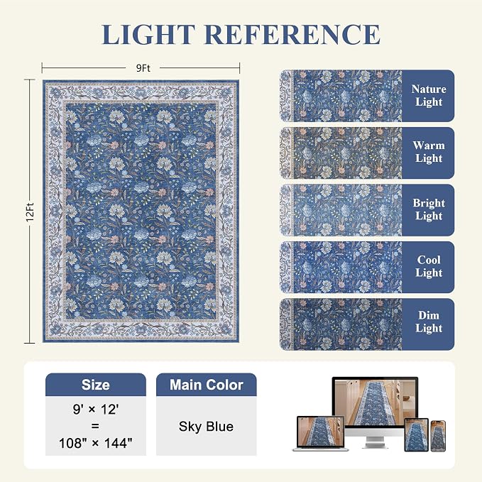 DUKINO 9x12 Area Rug for Living Room Vintage Floral Washable Rug, Sky Blue | Non Slip, Low Pile, Non-Shedding, Stain Resistant, Aesthetic Soft Indoor Large Carpet for Bedroom Dining Room Farmhouse
