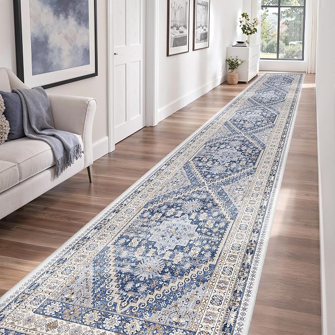 zesthome 3x14 Washable Runner Rug for Hallway, Non-Slip Long Hallway Runner for Entryway, Soft Vintage Kitchen Mats for Floor, Abstract Dining Room, Bedroom, Living Room Rugs(Blue/Beige,3'x14')