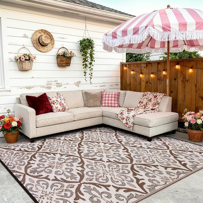 Lahome Outdoor Area Rugs 8x10 Patio Waterproof, Reversible Plastic Straw Rv Outdoor Rugs for Camping, Large Indoor Outdoor Carpet for Porch Deck Backyard Camper Picnic, Khaki 8'x10'