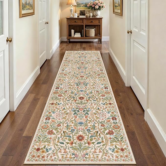 3x10 Washable Runner Rug,Beige Floral Boho Area Rug for Hallway,Low-Pile Non-Slip Stain Resistant Long Carpet for Kitchen, Bedside,Laundry Room,Entryway