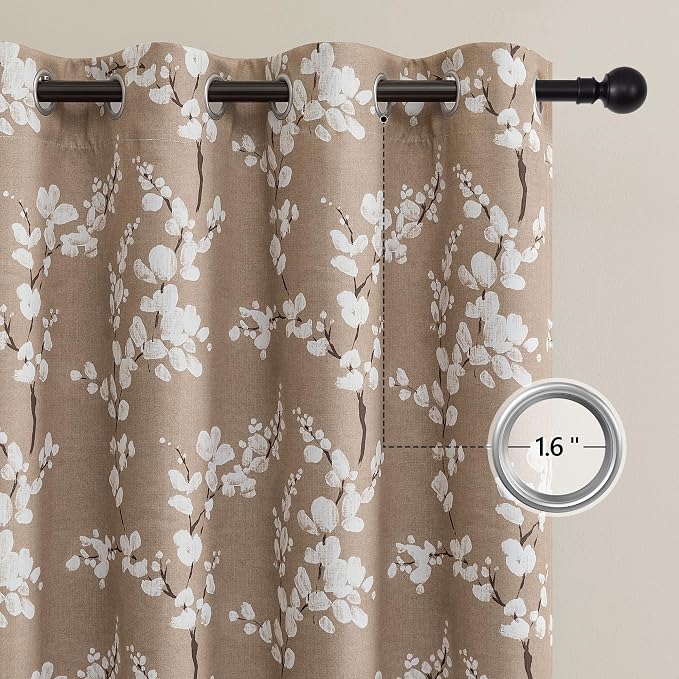 FMFUNCTEX 100% Blackout Brown Floral Curtains 96 Inch Grommet 2 Panels | Black Out Drapes,Thermal Insulated Cottage Farmhouse, Blossom Patterned Extra Long Curtain for Bedroom, Living Room Darkening