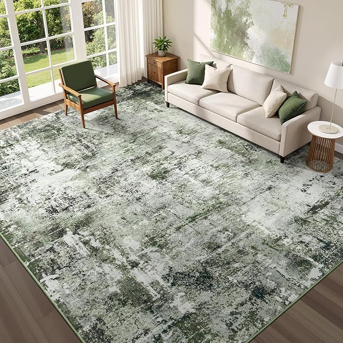 Rugflix 8x10 Area Rugs for Living Room, Washable Large Rug Stain-Resistant Low Pile, Modern Dark Carpet for Dining Room Home Office Kid Room Nursery Bedroom, Dark Green
