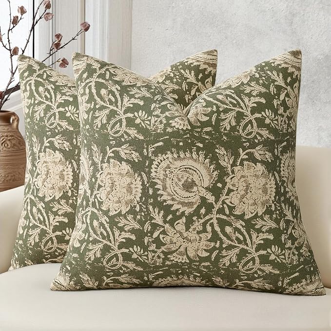 Vintage Floral Print Throw Pillow Covers 18x18 Set of 2 Neutral Modern Farmhouse Pillowcases Accent Decorative Cushion Covers Boho Home Decor for Couch Sofa Chair Bed Living Room, Olive Green